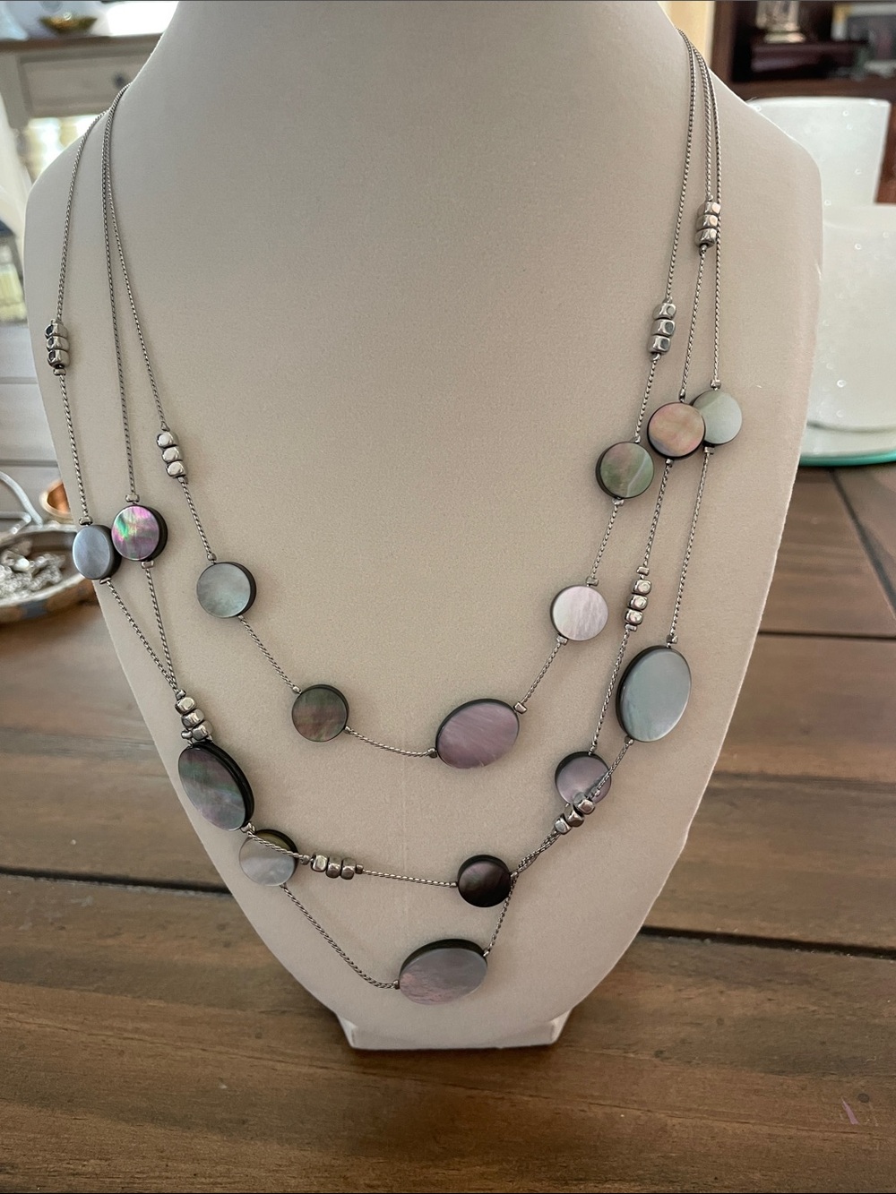 Kenneth Cole Multi-Strand Station Necklace Silver Tone Mother of Pearl Shell